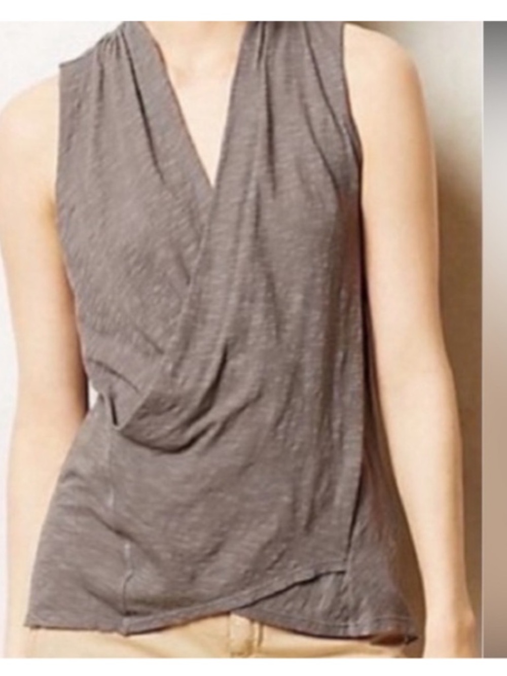 Anthropologie Taupe Draped V-Neck Sleeveless Wrap Top